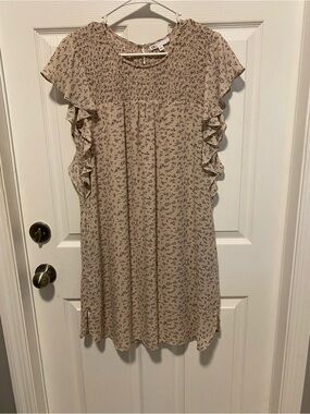 DR2 Beige Floral Smocked Mini Dress with Ruffle Sleeves